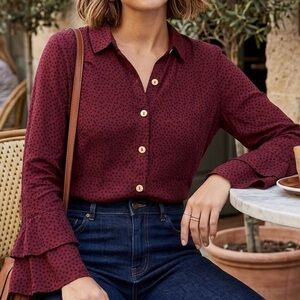 Habitat Cherry Red Burgundy Polka Dot Tiered Ruffle Shirt Dark Feminine Chic Top